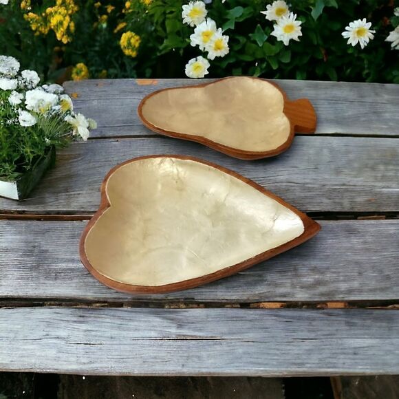 2 Capiz Shell Lined Monkey Pod Dish Set MCM Card Suit Bowls Acacia Spade Heart. - Picture 16 of 16